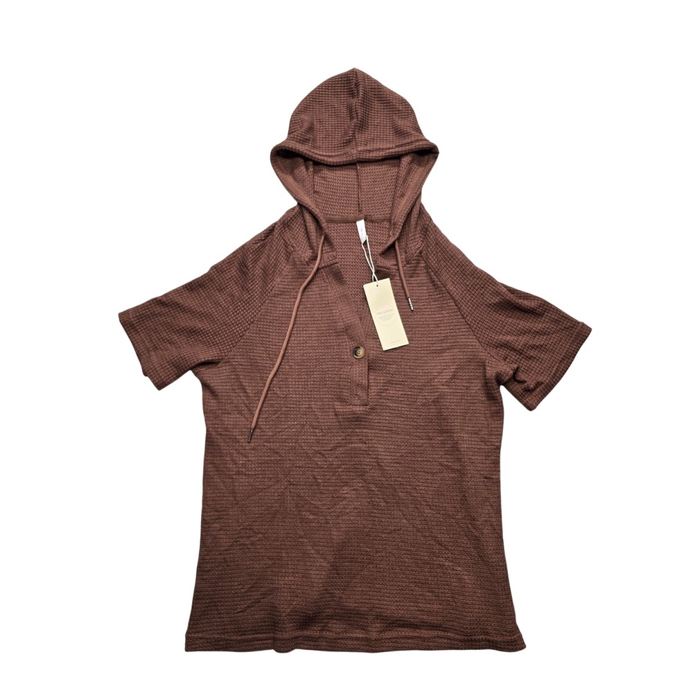Dokotoo Waffle Knit Short Sleeve Hoodie Brown Henley Top Large New Boho Casual